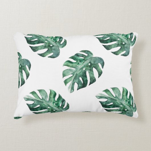 緑の熱帯葉、水彩パターン アクセントクッション (正面)