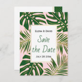 緑の熱帯離れのピンクの結婚式を保存する 案内ポストカード (正面/裏面)