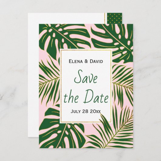 緑の熱帯離れのピンクの結婚式を保存する 案内ポストカード (正面/裏面)