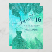 緑の熱帯離れ国のドレスsweet sixteen 招待状 (正面/裏面)