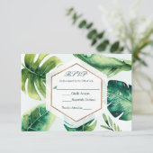 緑の熱帯離れ国のホワイトエレガントな結婚式RSVP 出欠カード (スタンド正面)