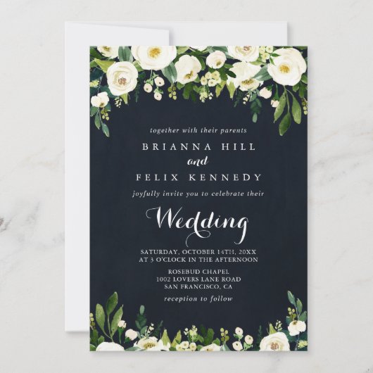 緑の王室のフローラブルー表結婚裏 招待状 (正面)