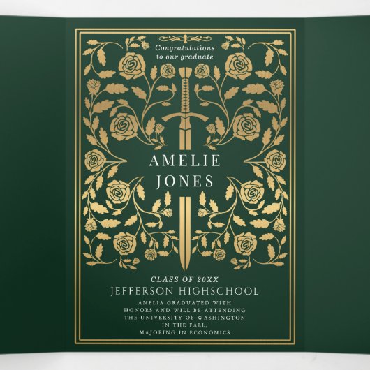 緑の王室中世の剣の写真 卒業パーティー 三つ折り招待状 (内部中)