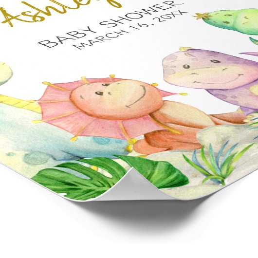 緑の男の子の恐竜の赤ちゃんシャワーへようこそ ポスター (角)