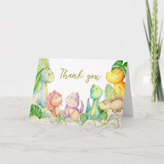 緑の男の子の恐竜の赤ちゃんシャワー サンキューカード (正面)