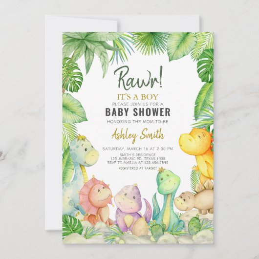 緑の男の子の恐竜の赤ちゃんシャワー 招待状 (正面)