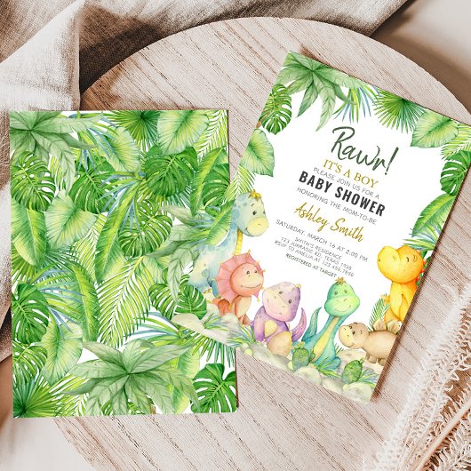 緑の男の子の恐竜の赤ちゃんシャワー 招待状
