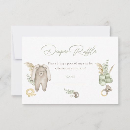 緑の男の子の赤ちゃんシャワーおむつラッフルカード 招待状 (正面)
