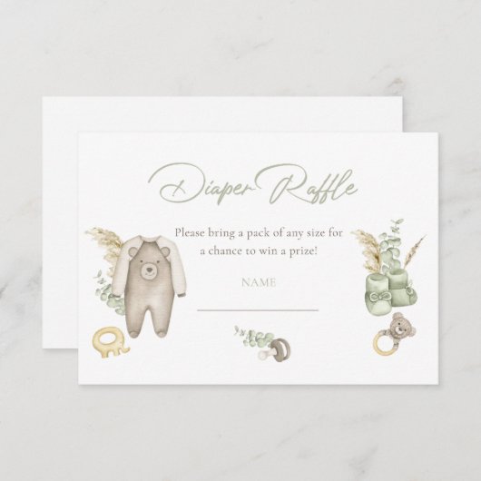 緑の男の子の赤ちゃんシャワーおむつラッフルカード 招待状 (正面/裏面)