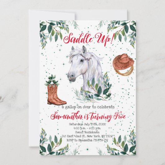 緑の男の子の馬の誕生日パーティー 招待状 (正面)