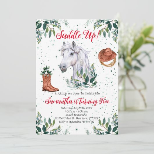 緑の男の子の馬の誕生日パーティー 招待状 (スタンド正面)