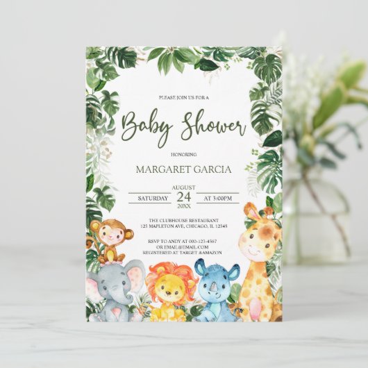 緑の男の赤ちゃんサファリアニマルズベビーシャワー 招待状 (スタンド正面)