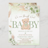 緑の男女兼用クマBOHOベビーシャワー 招待状 (正面/裏面)