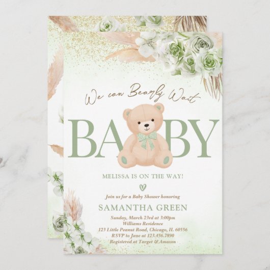 緑の男女兼用クマBOHOベビーシャワー 招待状 (正面/裏面)