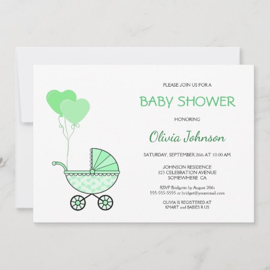 緑の男女兼用ベビーカーの赤ちゃんシャワー 招待状 (正面)
