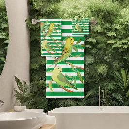 緑の白いの熱帯ストライプ鳥 – モノグラムの バスタオルセット