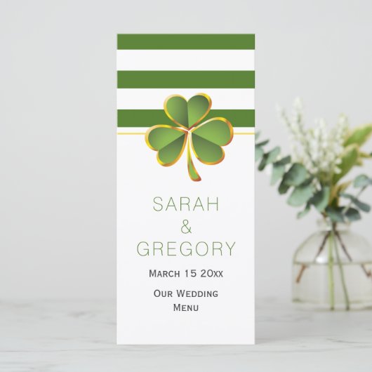 緑の白いストライプクローバー結婚アイリッシュのメニューカード メニュー (スタンド正面)