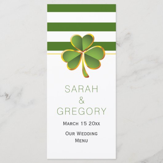 緑の白いストライプクローバー結婚アイリッシュのメニューカード メニュー (正面)