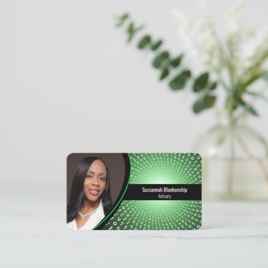 緑の白いスパイラル番号カスタム写真QRコード 名刺 (スタンド正面)