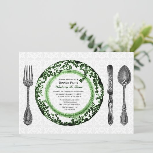 緑の白いダイニ素晴らしングディナーパーティー 招待状 (スタンド正面)