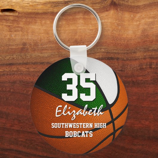 緑の白いチームの色の女の子の男の子バスケットボール キーホルダー (正面)