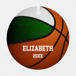 緑の白いチームカラー女の子バスケットボール メタルオーナメント