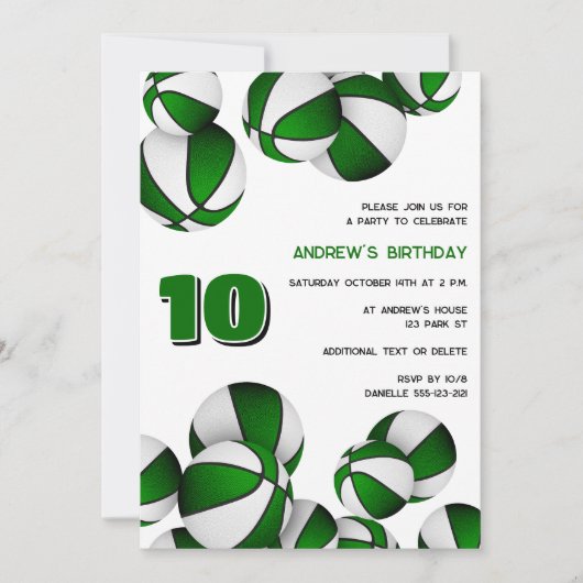 緑の白いバスケットの子供のスポーツ誕生日 招待状 (正面)