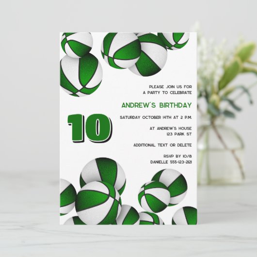 緑の白いバスケットの子供のスポーツ誕生日 招待状 (スタンド正面)