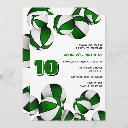 緑の白いバスケットの子供のスポーツ誕生日 招待状 (正面/裏面)