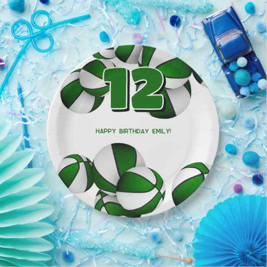 緑の白いバスケットボール女の子の男の子スポーツパーティー ペーパープレート (パーティー)