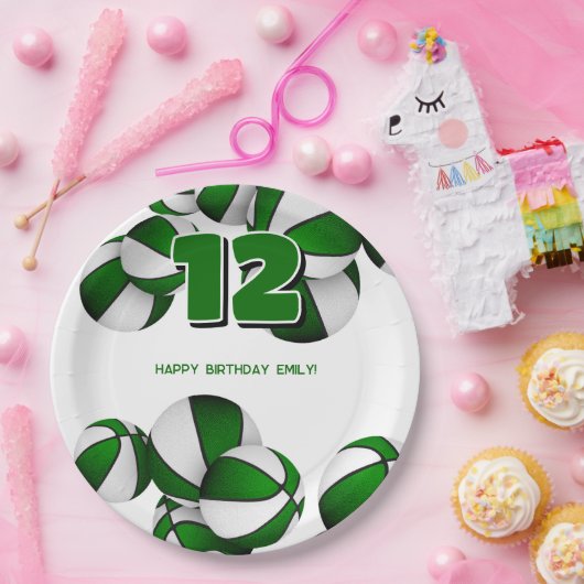 緑の白いバスケットボール女の子の男の子スポーツパーティー ペーパープレート (パーティー)