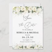 緑の白いバラの結婚式の日付カードを保存 セーブザデート (正面)
