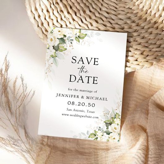 緑の白いバラの結婚式の日付カードを保存 セーブザデート