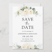 緑の白いバラの結婚式の日付カードを保存 招待状 (正面)