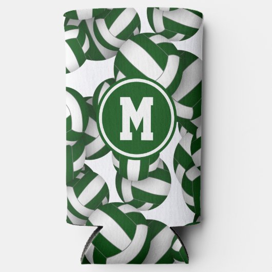 緑の白いバレーボールのパターンとプレーヤーモノグラム スリム缶クーラー (正面)