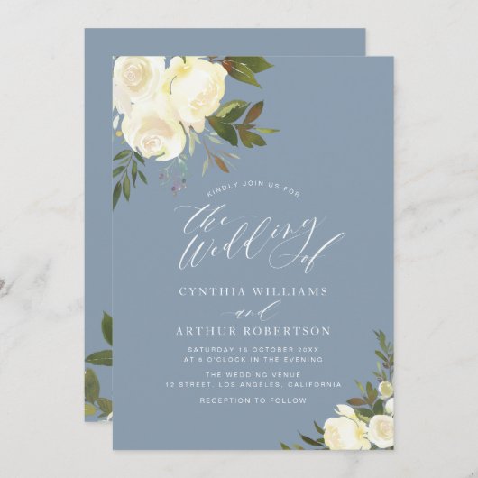 緑の白いフローラの塵結婚青 招待状 (正面/裏面)