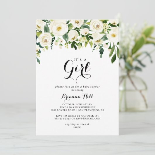 緑の白いフローラ女の子の赤ちゃんシャワー 招待状 (スタンド正面)