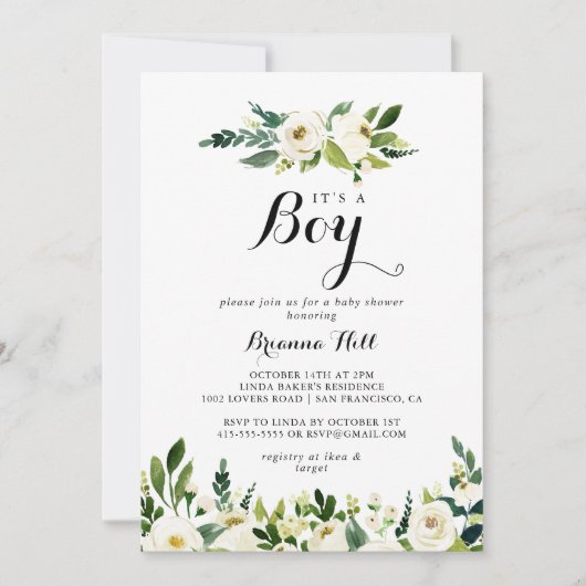 緑の白いフローラ男の子の赤ちゃんシャワー 招待状 (正面)