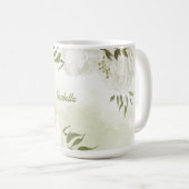 緑の白いロマンチックかわいらしな花葉の花 コーヒーマグカップ (正面右)