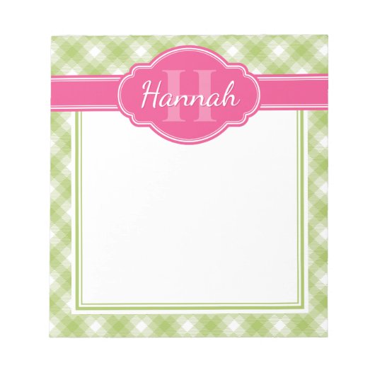 緑の白い格子模様ピンクモノグラム ノートパッド (正面)