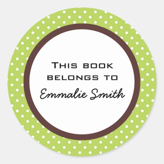 緑の白い水玉模様と茶色の本の名前ステッカー ラウンドシール (正面)