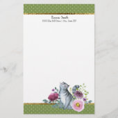 緑の白い水玉模様金ゴールドグレー猫の花 便箋 (正面)