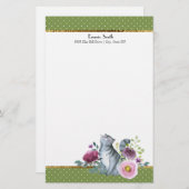 緑の白い水玉模様金ゴールドグレー猫の花 便箋 (正面/裏面)