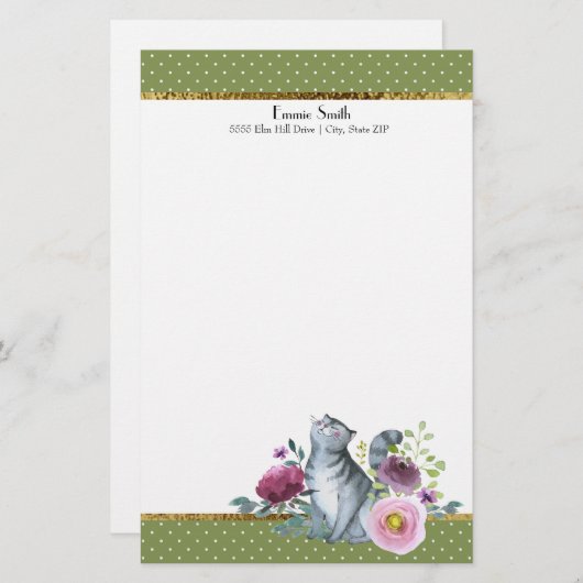 緑の白い水玉模様金ゴールドグレー猫の花 便箋 (正面/裏面)