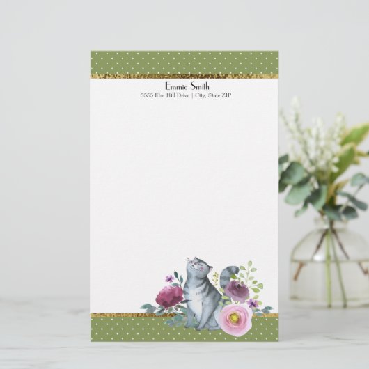 緑の白い水玉模様金ゴールドグレー猫の花 便箋 (スタンド正面)
