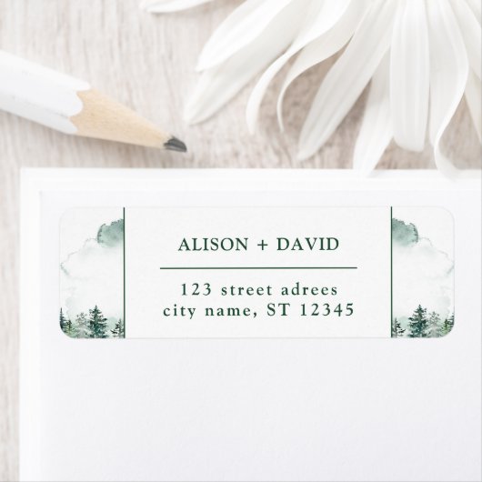 緑の白い水色の松の木の森結婚の ラベル (インサイチュ)