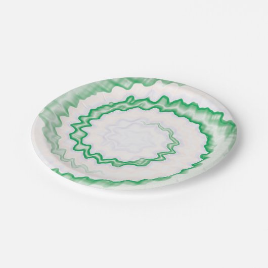 緑の白い渦巻き絞り染めパーティー ペーパープレート (アングル)