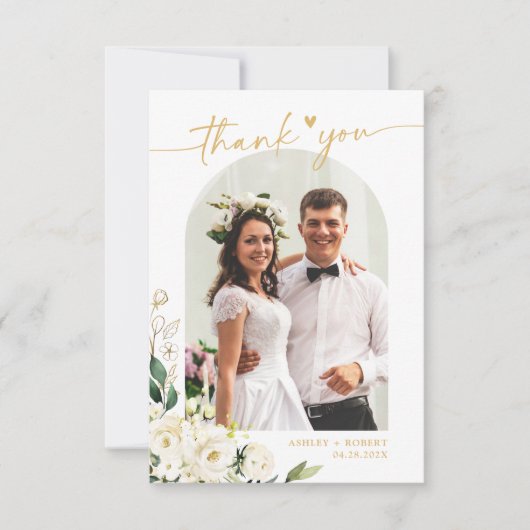 緑の白い牡丹フローラ結婚アーチの写真 サンキューカード (正面)