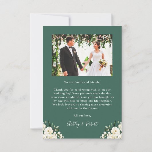 緑の白い牡丹フローラ結婚アーチの写真 サンキューカード (裏面)