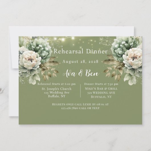 緑の白い牡丹ライト追加フォトリハーサルディナー 招待状 (正面)